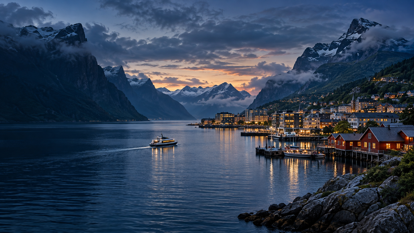 A Norwegian fjord, mountain coastline and contemporary waterfront at blue hour